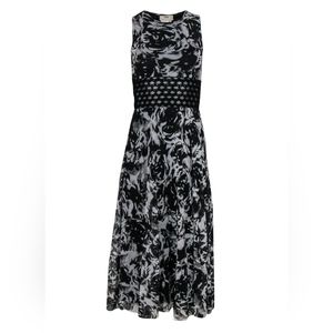 Fuzzi Black and White Floral mesh dress with textured waist